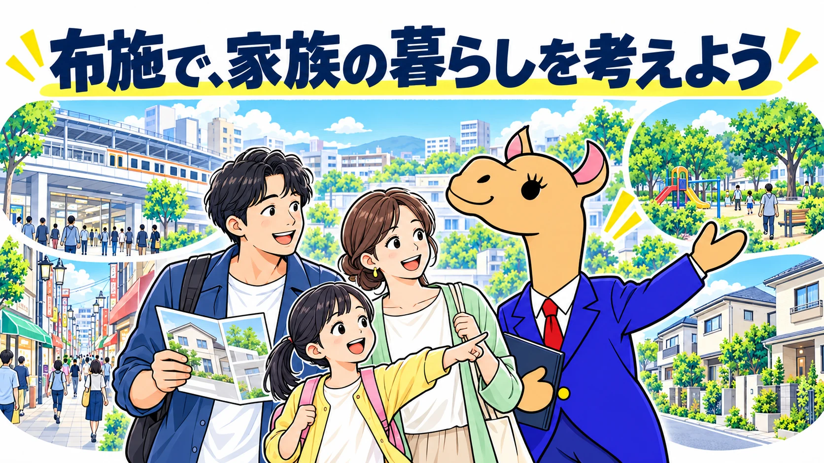布施で家族の暮らしを考える夫婦と子ども、ラクチンくんのイメージ