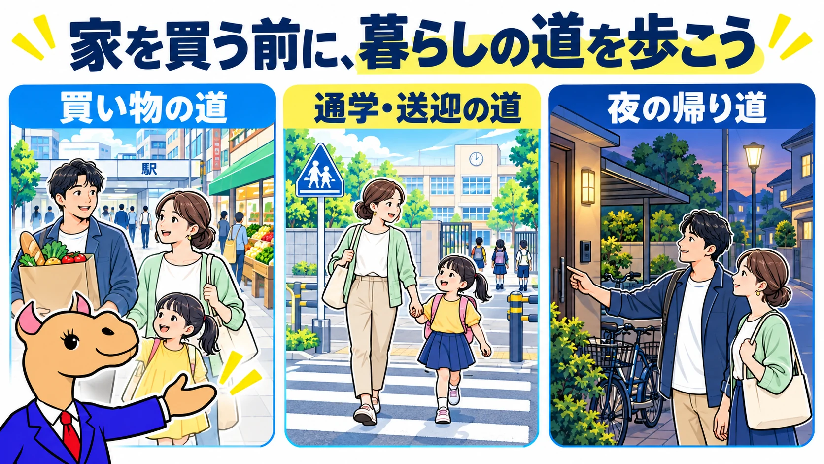 子連れ夫婦とラクチンくんが買い物・通学送迎・夜の帰り道を確認するイラスト