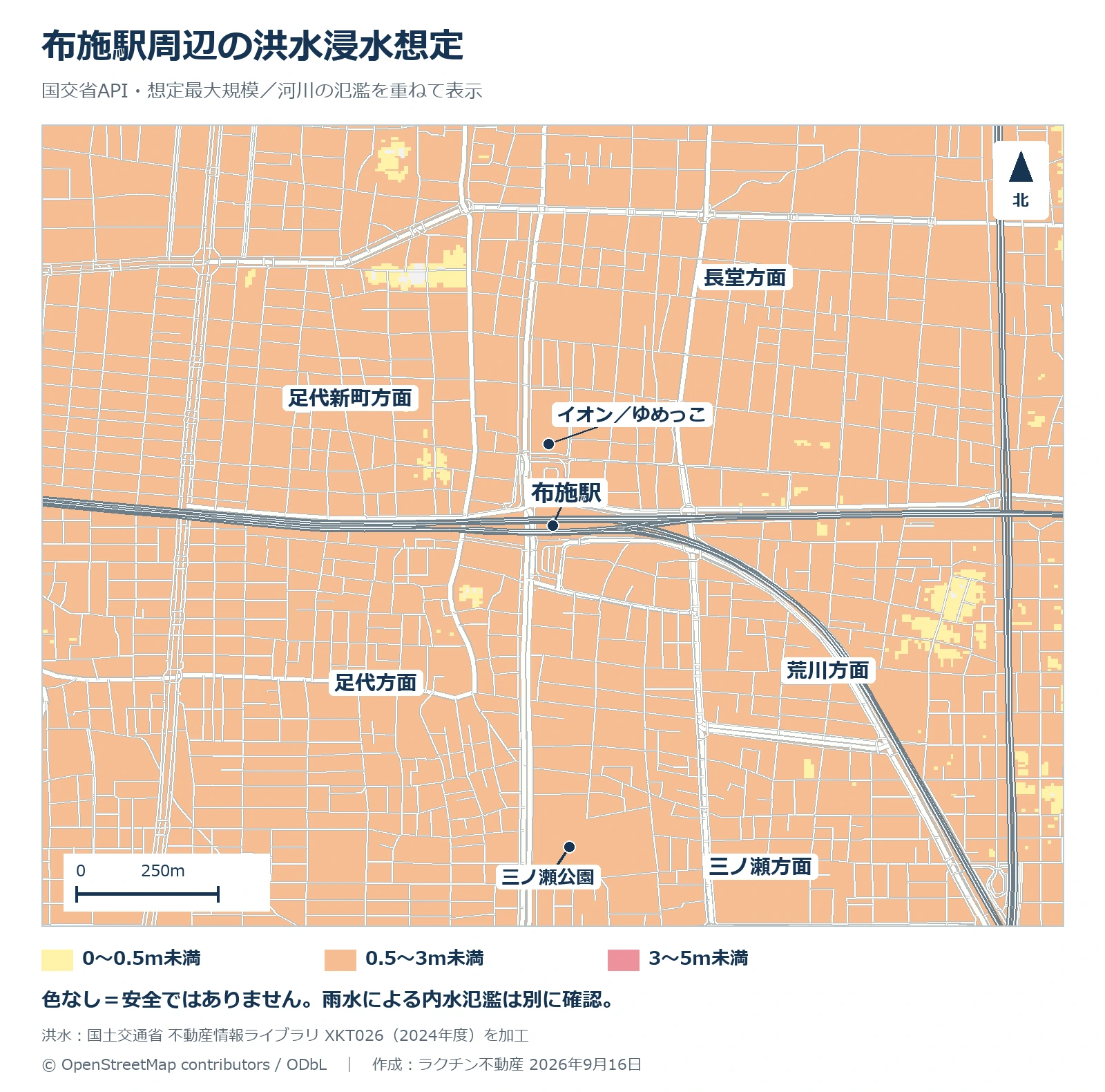 布施駅周辺の洪水浸水想定。国交省XKT026の2024年度データでは表示範囲に0.5〜3m未満が広く分布。内水氾濫は別途確認