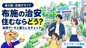布施の治安、住むならどう？ 犯罪データと暮らしをチェック。家族と街並みのイラスト