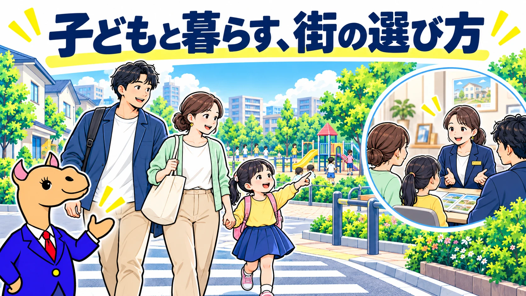 公園や通学路、子育て相談を考える家族のイメージ