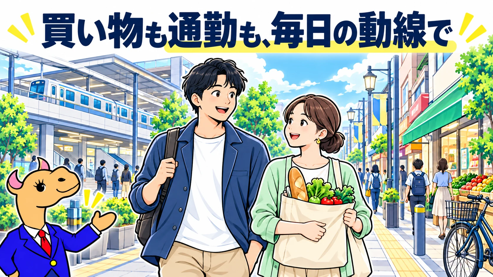 買い物と通勤の動線を考える夫婦とラクチンくんのイメージ